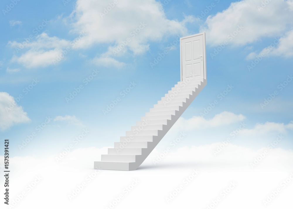 Obraz premium Steps leading to closed door in the sky