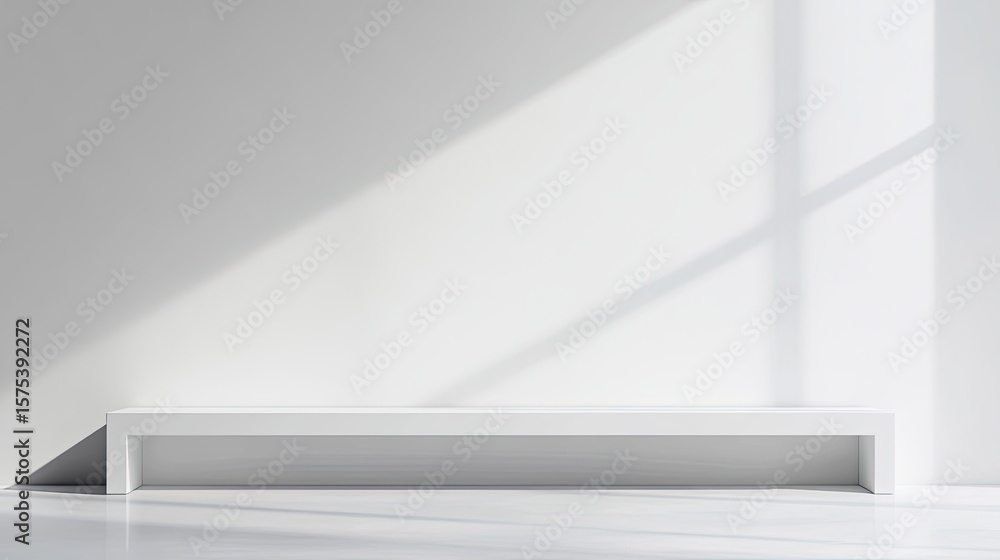 Obraz premium White bench against a white wall with sunlight shadows.