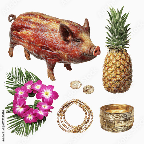 Roasted Pig, Pineapple, Flowers, and Gold Jewelry