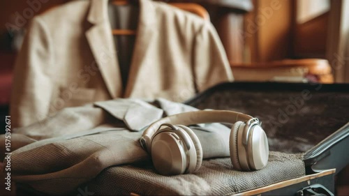 Suitcase packed with formal attire and headphones ready for travel at a cozy hotel room