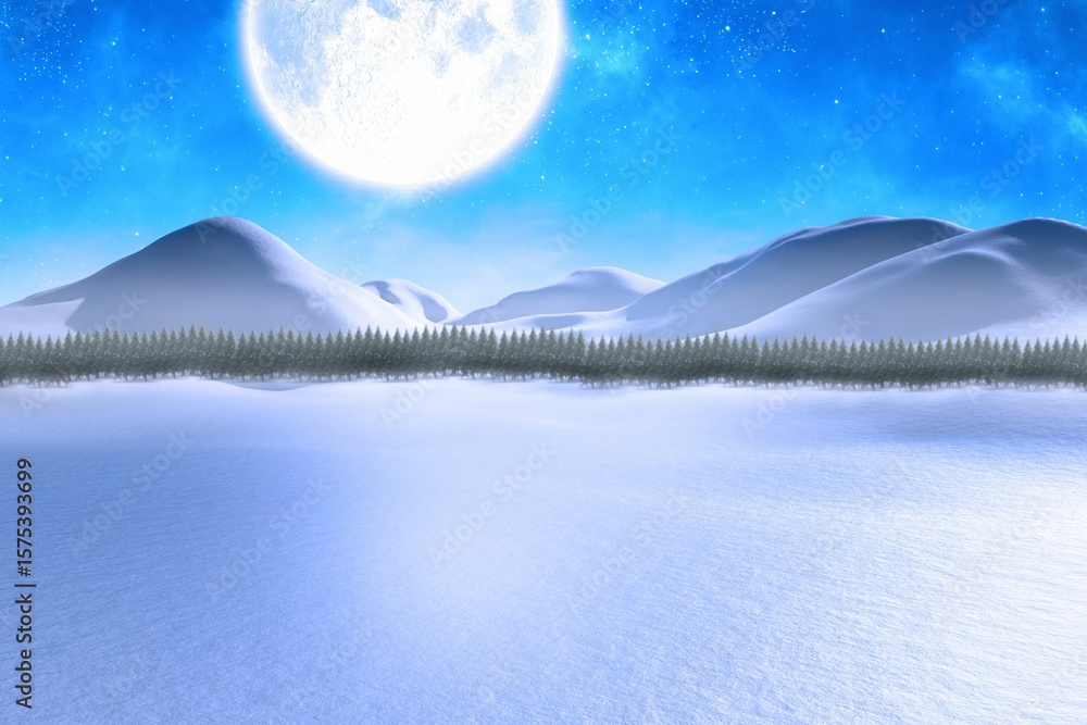 Obraz premium Flat design showing serene winter night landscape with full moon, pine trees, hills, copy space