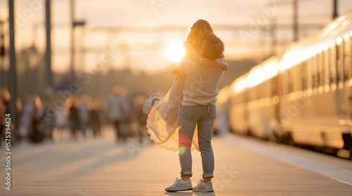 lesbian couple kissing at train station in golden sunset, this lesbian couple kissing at train station expresses love and connection, perfect for lesbian couple kissing at train station visuals