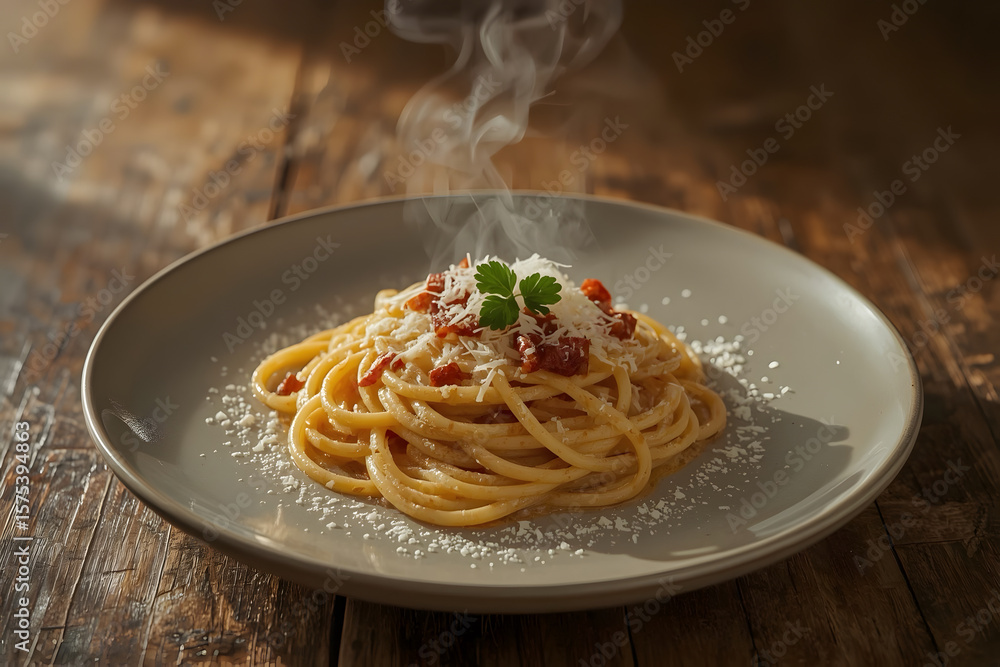 Fototapeta premium A steaming hot plate of creamy pasta carbonara, with rich, golden sauce coating perfectly cooked spaghetti
