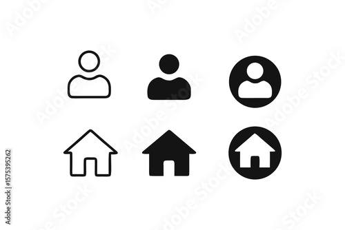 Set of User and Home Icons with Different Styles Depicting Versatile Design Options for Interface Development and Creative Projects