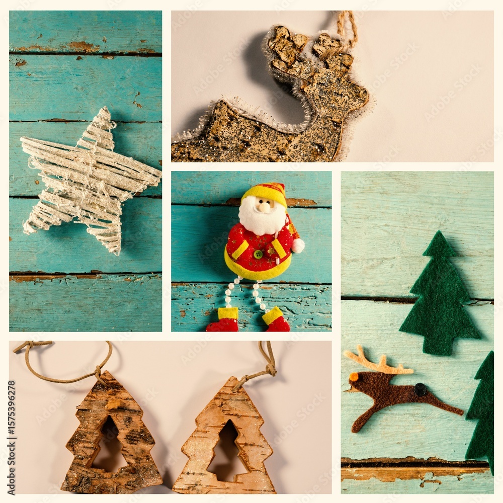 Fototapeta premium Collage is showing wood glitter plush and felt Christmas ornaments on teal planks, light backdrop