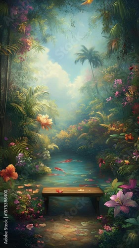 Lush jungle scene with a pond, bench, tropical foliage, flowers, and a bird against a blue sky backdrop