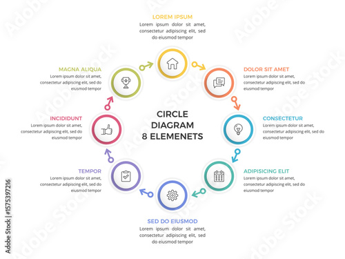 Circular diagram with eight connected steps, infographic template, vector eps10 illustration