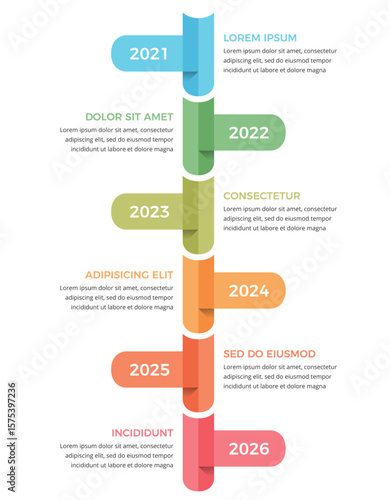 Colorful vertical timeline infographic template with 6 elements, vector eps10 illustration