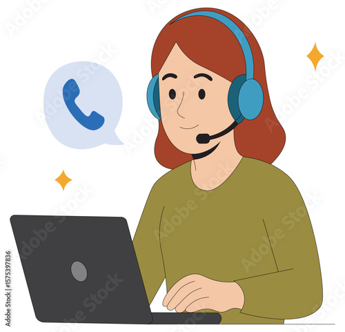 customer service operator. Female Customer Support Agent Working on Laptop with Headset, Online Help Desk Flat Vector Illustration.