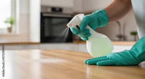 Spraying surface for Cleaning: Capturing the essence of cleanliness, a person wearing protective gloves, meticulously sprays a cleaning solution onto a surface.