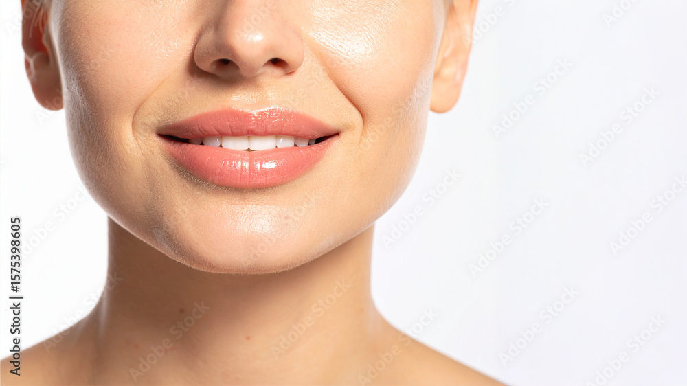 Obraz premium A close-up of a woman's radiant smile, highlighting healthy skin and natural-looking glossy lips. Perfect for beauty, skincare, dental, and wellness campaigns.