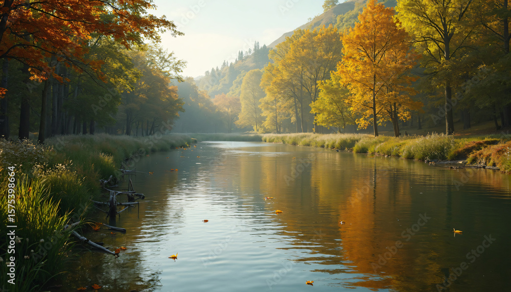 Fototapeta premium River with Autumn Foliage and Reflected Trees
