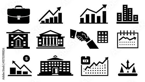 Business and finance icon set. Vector glyph pictograms of briefcase, chart, money, banking, accounting, handshake, calendar, corporate, marketing, investment concept black silhouette illustration. 