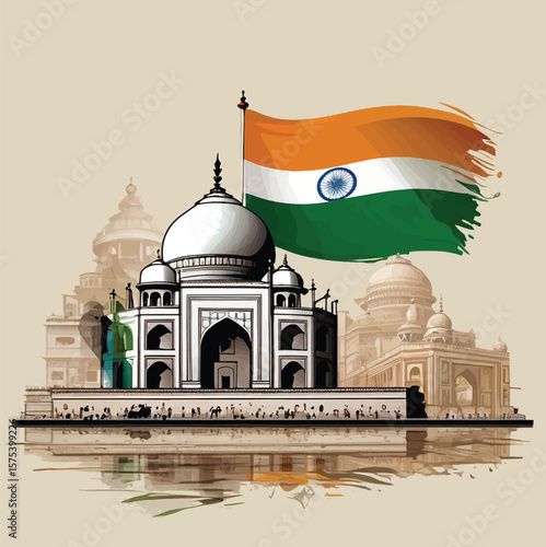 A digitally enhanced image showcasing the Taj Mahal, a renowned historical monument in India, alongside the Indian flag. Taj Mahal and Indian Flag, Artistic Representation