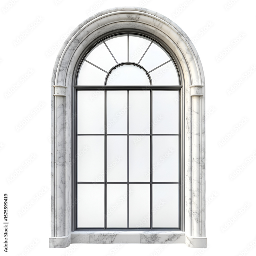Elegant marble arched window with detailed frame offers a classic architectural design element suitable for various visual projects, transparent background Elegant marble arched window with detailed frame offers a classic architectural design element suitable for various visual projects, transparent background