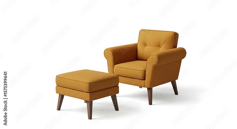 Fototapeta premium Modern Mustard Yellow Armchair and Ottoman Set Isolated White Background