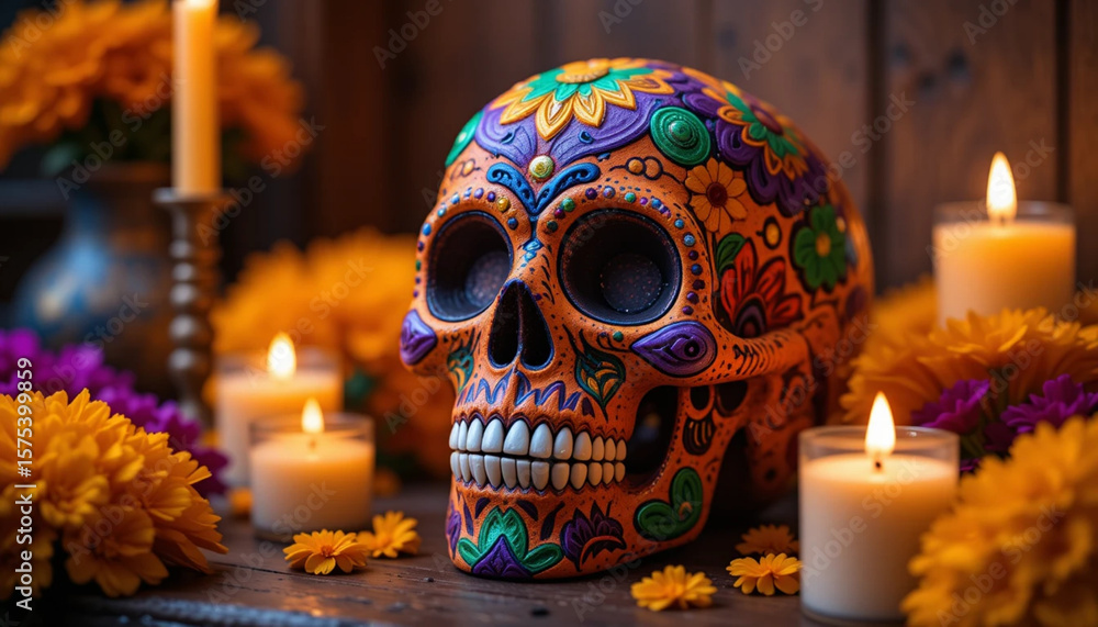 Fototapeta premium Vibrant Sugar Skull Decorated with Flowers and Candles for Dia de los Muertos