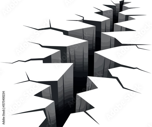 A white surface with a large crack running through it, showing depth and jagged edges in gray tones