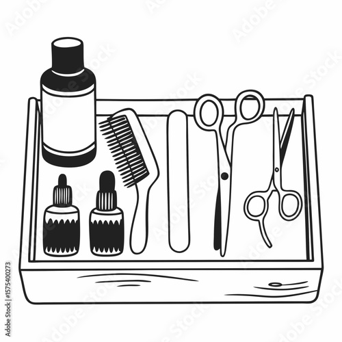 Beard grooming tools in tray with scissors and oils