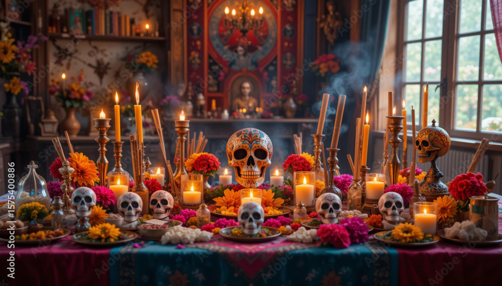 Obraz premium Dia de Muertos Ofrenda A Vibrant Altar of Remembrance