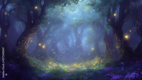 An enchanting, blue-toned forest scene, lit by soft, ethereal lights and vibrant purple wildflowers