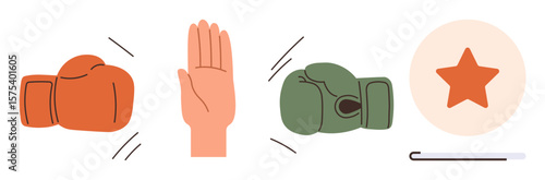 Opposing boxing gloves, a hand gesture for halt, and a star representing reward. Ideal for teamwork, mediation, diplomacy, compromise, leadership negotiation achievement. A simple flat metaphor