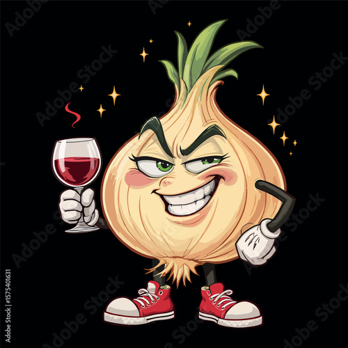 Cartoon Onion Character Drinking Red Wine.
