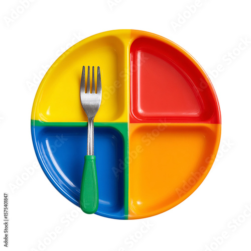 Colorful divided kids plate with plastic fork on transparent background