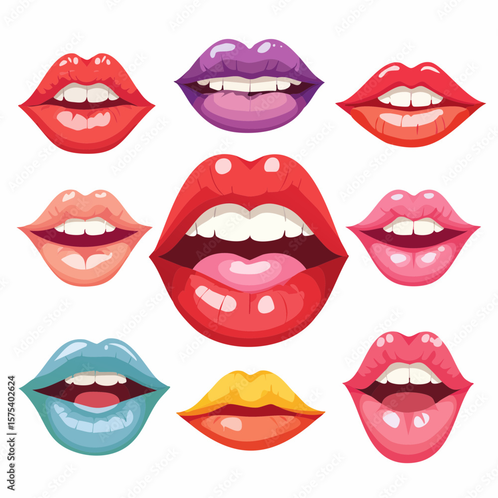Colorful cartoon lips in various poses and expressions on a white background Colorful cartoon lips in various poses and expressions on a white background