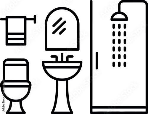 A minimalist line drawing of a bathroom featuring a toilet sink mirror and shower stall icon set