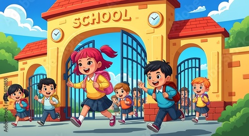 Colorful cartoon illustration of cheerful children walking through the front gate of a school building with big smiles, excited for the first day of school.
