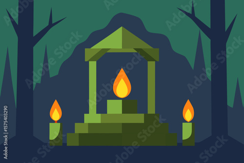Abandoned Forest Shrine with Burning Candles