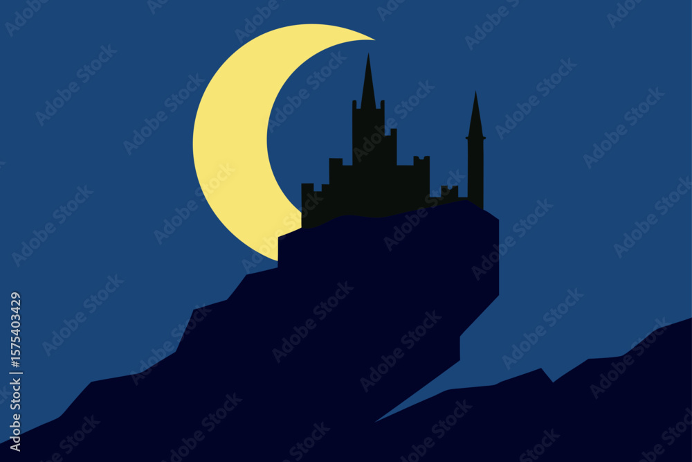 Fototapeta premium Crescent Moon Above a Crumbling Gothic Castle