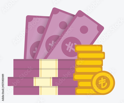 Turkish lira banknote bundle and coin stack in flat style vector on solid background, ideal for financial & investment presentations