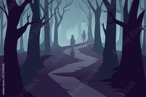 Shadowy Forest Path with Crooked Trees and Ghosts