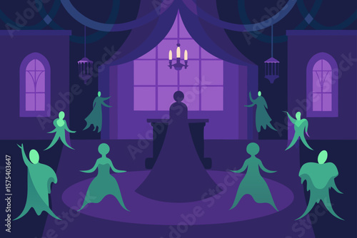 Spooky Mansion Ballroom with Ghostly Dancers