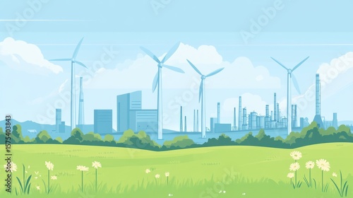 Lush green field with modern city and wind turbines on a bright day