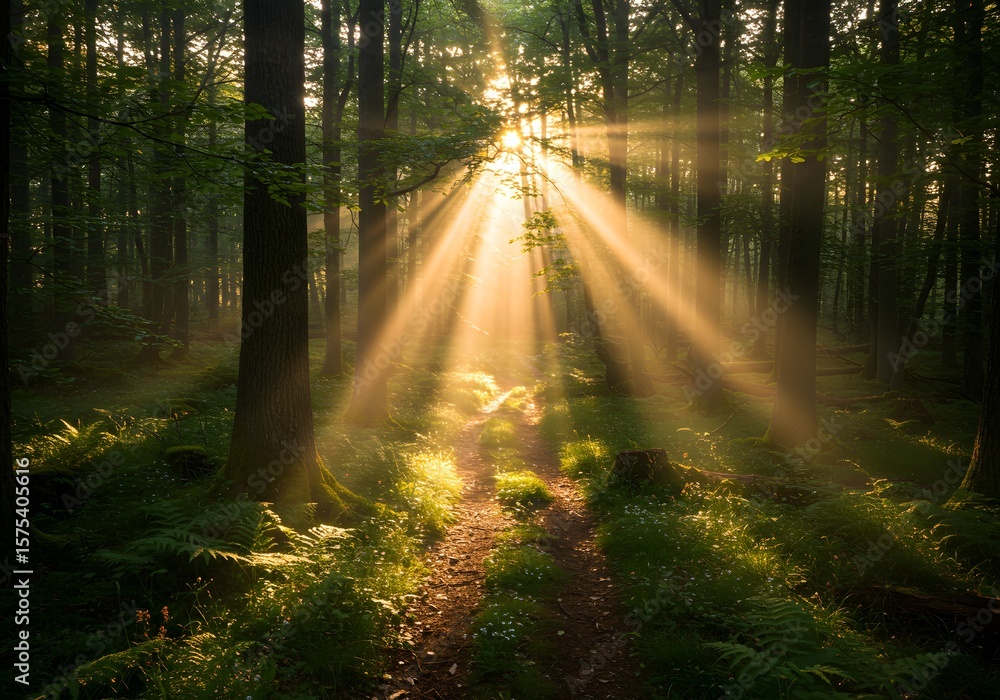 Fototapeta premium Sunlight illuminates forest path through dense woodland scenery