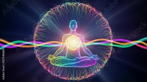 A glowing figure in a lotus position radiates energy, representing meditation and spiritual balance