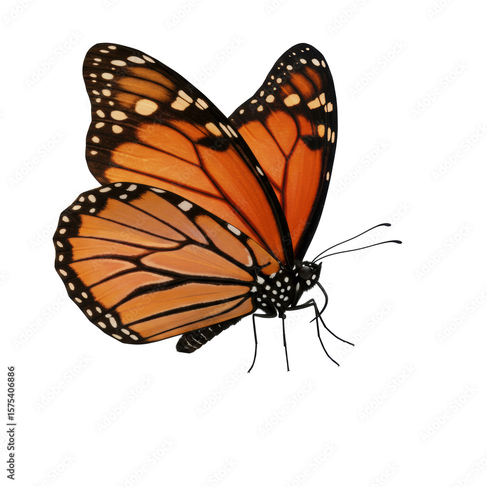 Obraz premium Monarch butterfly with vibrant orange wings, intricate black veins, white spots, detailed antennae, and slender body, isolated on a transparent background with a soft shadow, shot from a high