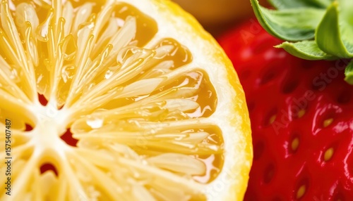 Close-up of lemon slice and strawberry