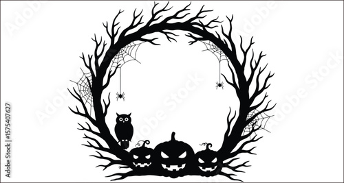 Vector art of halloween wreath with pumpkins, owl and spiders