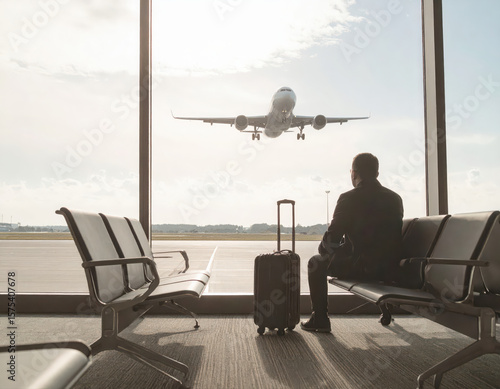 People looking at the view with airplane in the sky at the terminal in the airport.