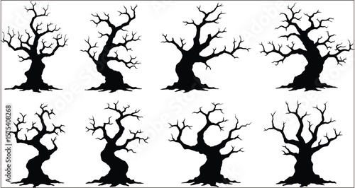 Vector art of collection of spooky bare trees isolated on white background