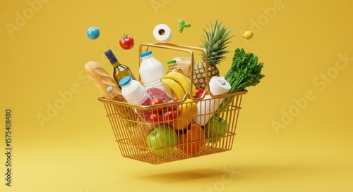 Photo of a golden shopping basket filled with groceries floats on yellow