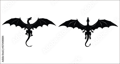 Vector art of two dragons flying with outstretched wings in silhouette
