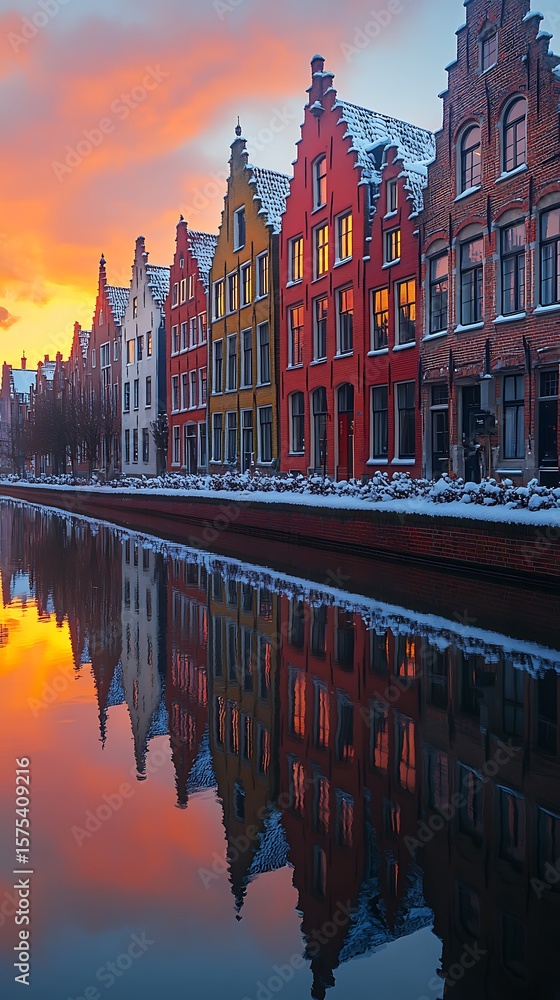 Obraz premium Colorful historic buildings reflected in calm canal water during a beautiful sunset image