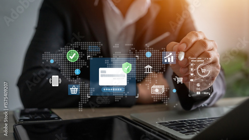 Secure online payment concept. Businessman verifying digital credit card transaction. Financial security. Encryption.
