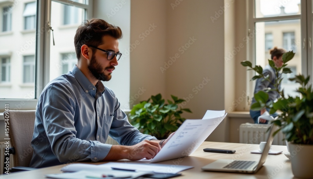 Fototapeta premium a project manager analyzing investment data, subject on the left