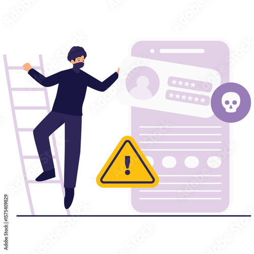 Cyber Crime Illustration. Vector illustration of A cybercriminal attempts to steal login credentials and personal data from a hacked digital profile. Isolated on background